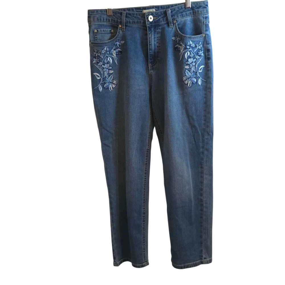 Camila Coelho‎ Embroidered Floral Jeans Blue Denim Straight Leg Women's 8 EUC